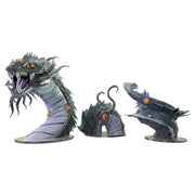 Critical Role Mini: Uk'otoa - Three segmented miniature tentacle-style monster figures with dark green scales, purple highlights, and glowing orange eyes.