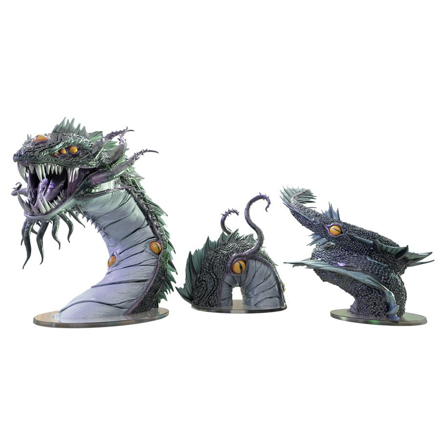 Critical Role Mini: Uk'otoa - Three segmented miniature tentacle-style monster figures with dark green scales, purple highlights, and glowing orange eyes.
