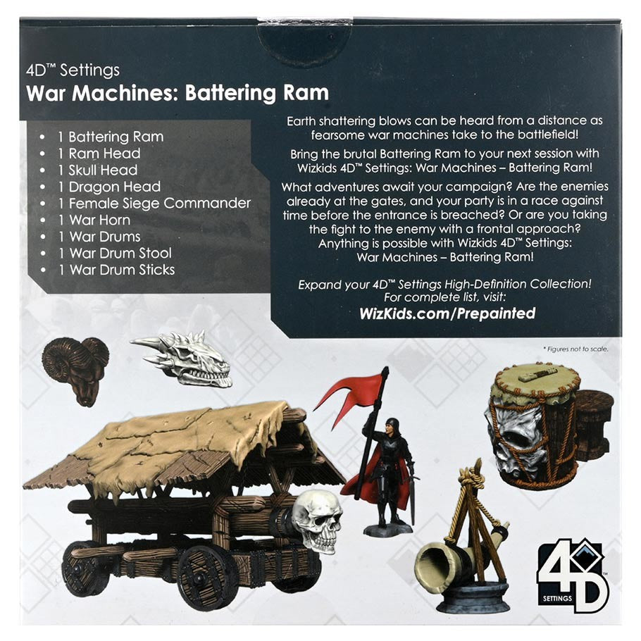 Wizkids 4D Settings: War Machines: Battering Ram - Wooden medieval battering ram model with armored soldiers and a red banner, part of Wizkids 4D War Machines series.