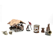 Wizkids 4D Settings: War Machines: Battering Ram - Detailed miniature war machine set with wooden battering ram shelter, skull motifs, a shielded figure, rusted barrel,.