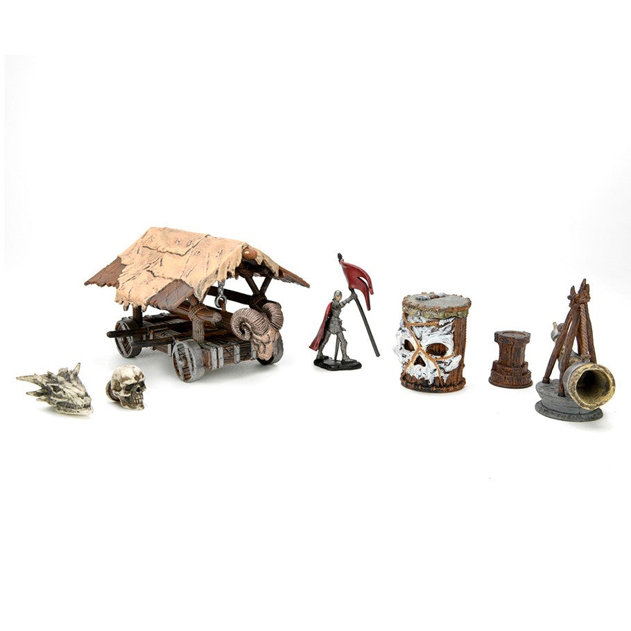 Wizkids 4D Settings: War Machines: Battering Ram - Detailed miniature war machine set with wooden battering ram shelter, skull motifs, a shielded figure, rusted barrel,.