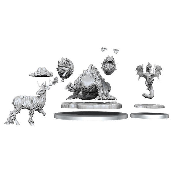 Dungeons & Dragons: Frameworks: Basilisk (PREORDER) - Unpainted gray resin Dungeons & Dragons Basilisk miniature with interchangeable heads, winged tail, and stag figure on round