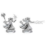 Dungeons & Dragons: Frameworks: Human Sorcerer Male (PREORDER) - Unpainted male sorcerer miniature in dynamic poses with flowing cloak, casting spells and holding a staff.