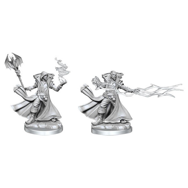 Dungeons & Dragons: Frameworks: Human Sorcerer Male (PREORDER) - Unpainted male sorcerer miniature in dynamic poses with flowing cloak, casting spells and holding a staff.