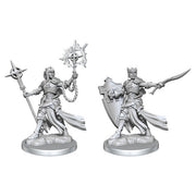 Dungeons & Dragons: Frameworks: Elf Paladin Female (PREORDER) - Two unpainted gray plastic fantasy miniatures, one elf female paladin holding a spiked mace and shield, the other wielding a