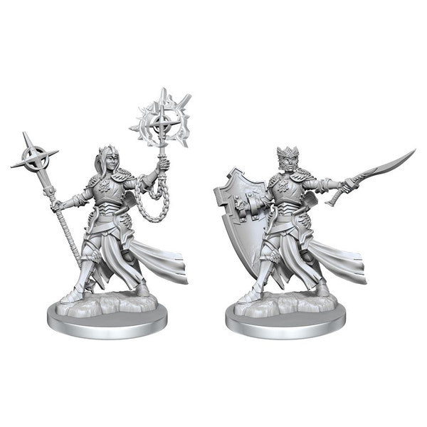 Dungeons & Dragons: Frameworks: Elf Paladin Female (PREORDER) - Two unpainted gray plastic fantasy miniatures, one elf female paladin holding a spiked mace and shield, the other wielding a