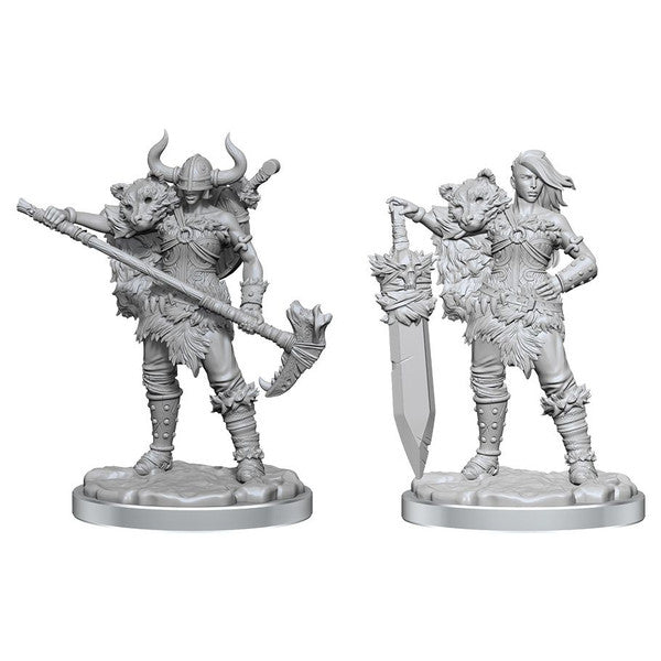 Dungeons & Dragons: Frameworks: Human Barbarian Female (PREORDER) - Two unpainted gray plastic miniature figures of female human barbarians; one wielding a large axe and wearing horned helmet.