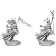 Dungeons & Dragons: Frameworks: Tiefling Warlock Female (PREORDER) - Unpainted grey resin miniature of a female Tiefling Warlock casting a spell, wearing flowing robes with horns and holding a.