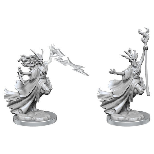 Dungeons & Dragons: Frameworks: Tiefling Warlock Female (PREORDER) - Unpainted grey resin miniature of a female Tiefling Warlock casting a spell, wearing flowing robes with horns and holding a.