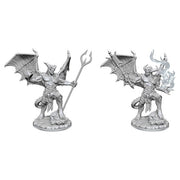 Dungeons & Dragons: Frameworks: Pit Fiend (PREORDER) - Gray unpainted plastic miniature of a winged devil with horns, holding a trident and standing on rocky base.