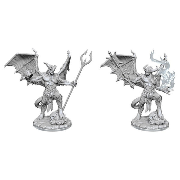 Dungeons & Dragons: Frameworks: Pit Fiend (PREORDER) - Gray unpainted plastic miniature of a winged devil with horns, holding a trident and standing on rocky base.