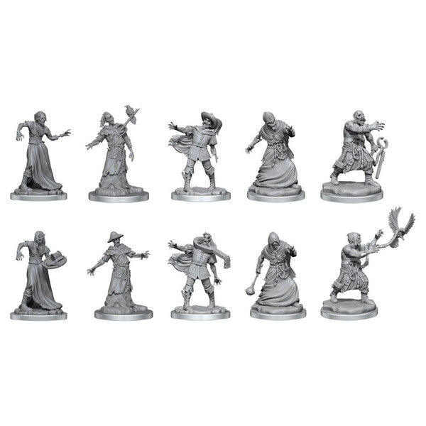 Dungeons & Dragons: Frameworks: Zombies (PREORDER) - Ten grey plastic miniature figures featuring various zombie poses and attire, each on a circular base for tabletop gaming.