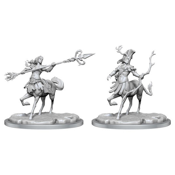 Dungeons & Dragons: Frameworks: Centaur (PREORDER) - Unpainted gray centaur miniature with detailed armor and weapon, shown from front and back on round bases.