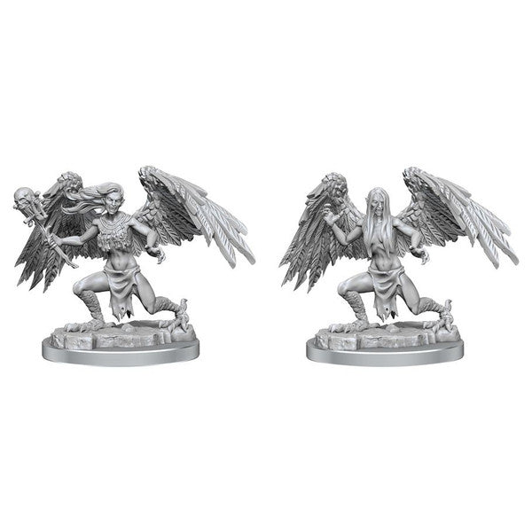 Dungeons & Dragons: Frameworks: Harpy (PREORDER) - Two unpainted gray plastic miniatures of a harpy creature crouching with large feathered wings spread wide on round bases.