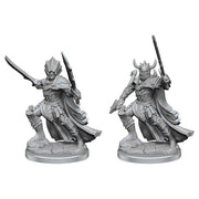 Pathfinder Legendary Cuts: Hellknight (PREORDER) - Two gray unpainted fantasy warrior miniatures with swords, detailed armor, flowing cloaks, and horned helmets on round bases.
