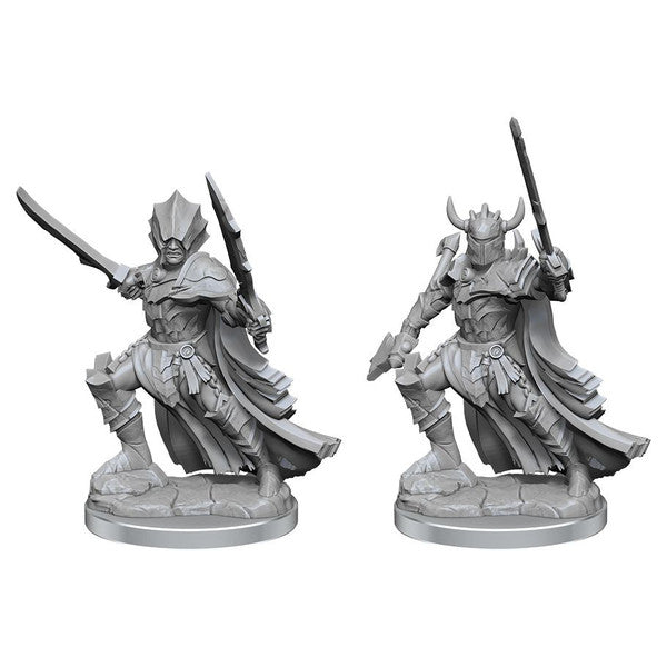 Pathfinder Legendary Cuts: Hellknight (PREORDER) - Two gray unpainted fantasy warrior miniatures with swords, detailed armor, flowing cloaks, and horned helmets on round bases.
