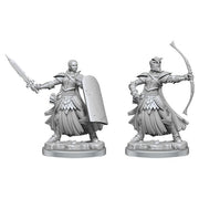 Pathfinder Legendary Cuts: Female Human Champion (PREORDER) - Two unpainted female warrior miniatures in dynamic poses, one wielding a sword and shield, the other drawing a bow, both.