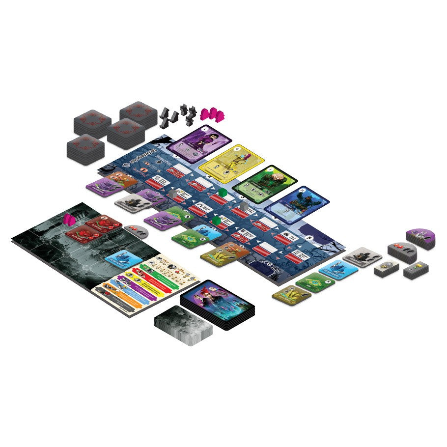 SiliconVania - Strategy board game setup with colorful cards, hexagonal tokens, and small character miniatures on a white background.