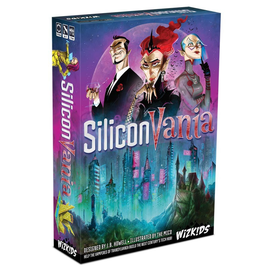 SiliconVania - SiliconVania strategy board game box with colorful gothic cityscape and three stylized characters on front cover.