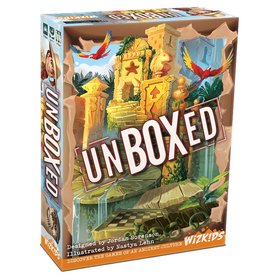 Unboxed - Colorful board game box titled "Unboxed" featuring jungle temple ruins, parrots, and a treasure chest illustration.