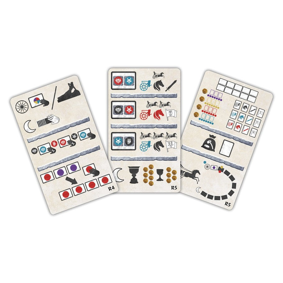Unboxed - Three white rectangular cards with colorful icons, symbols, and grids for tracking game progress and actions.