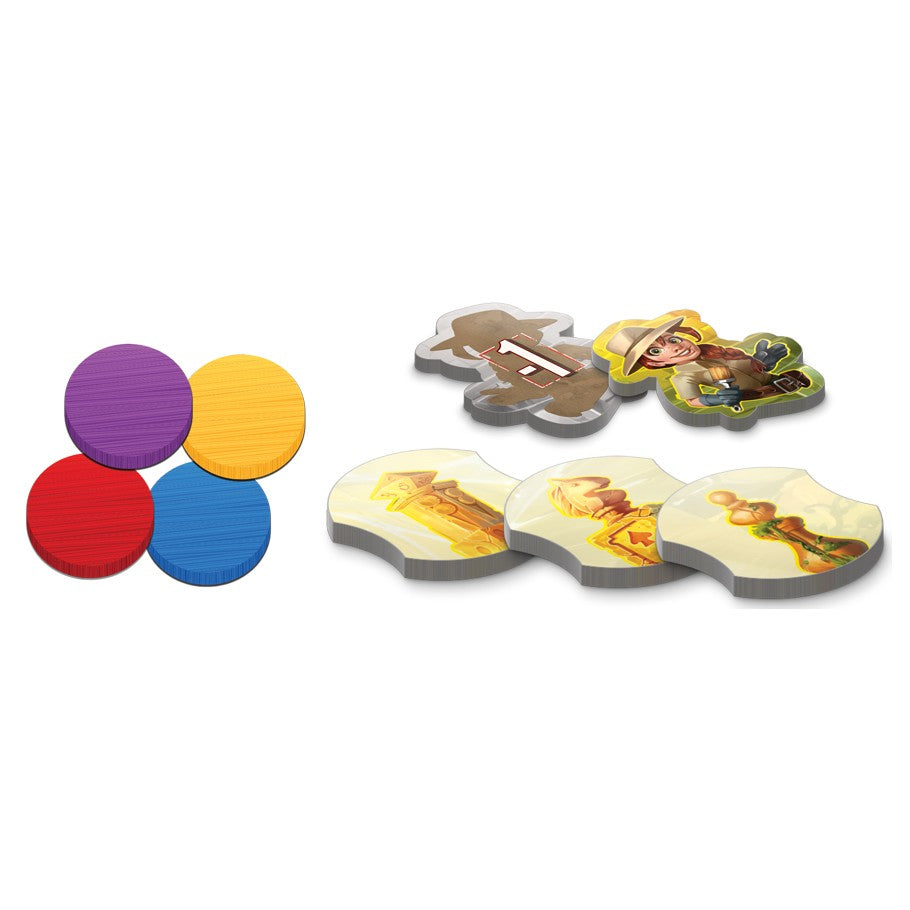 Unboxed - Colorful circular wooden tokens alongside illustrated hexagonal and irregularly shaped cardboard game pieces with.