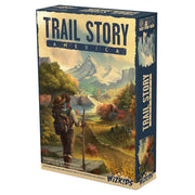 Trail Story: America - Board game box with hiker overlooking a mountain valley, warm colors, vintage style illustration.