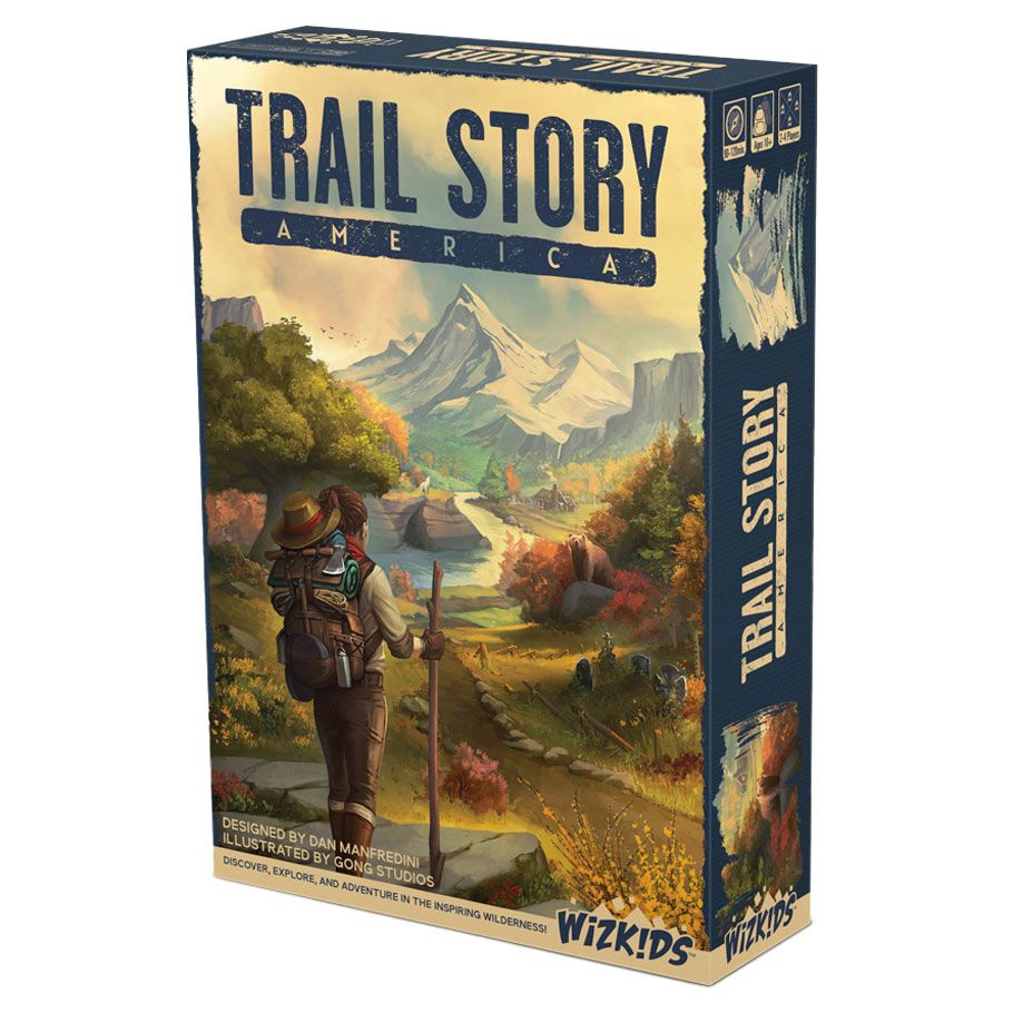 Trail Story: America - Board game box with hiker overlooking a mountain valley, warm colors, vintage style illustration.