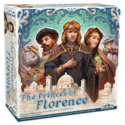 Princes of Florence - Square board game box for Princes of Florence showing three Renaissance figures in colorful period clothing with a cityscape