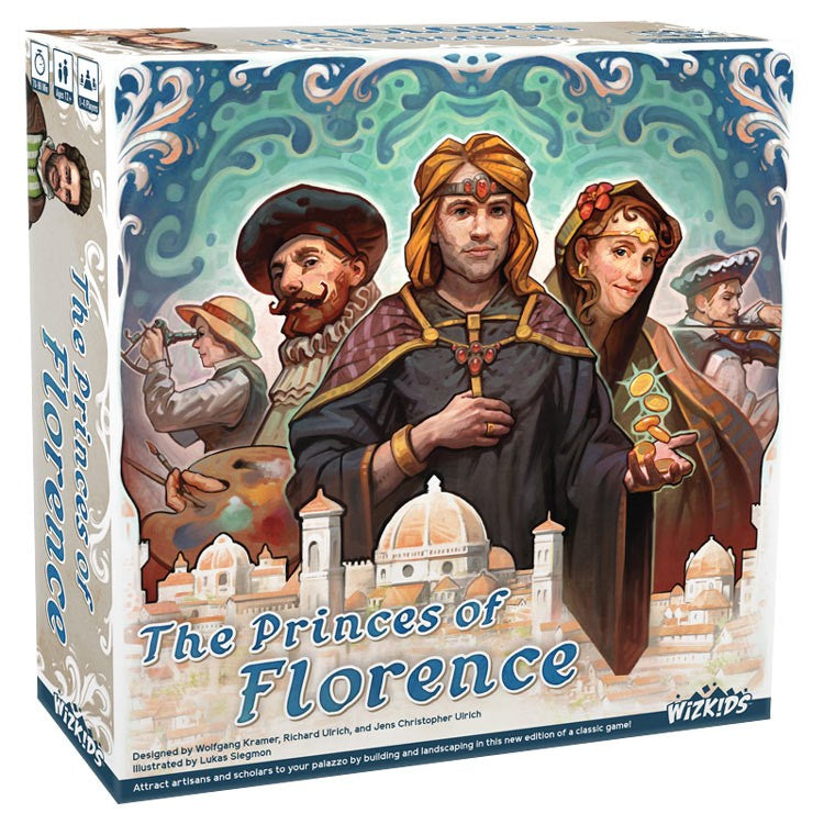 Princes of Florence - Square board game box for Princes of Florence showing three Renaissance figures in colorful period clothing with a cityscape