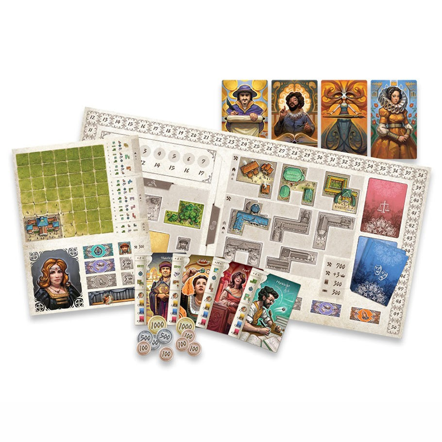 Princes of Florence - Strategy board game set with illustrated character cards, grid boards, and round tokens.