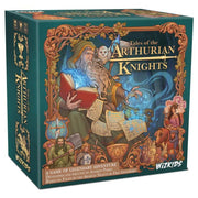 Tales of the Arthurian Knights - Board game box featuring illustrated wizard holding a glowing staff and book surrounded by magical artifacts and scrolls.