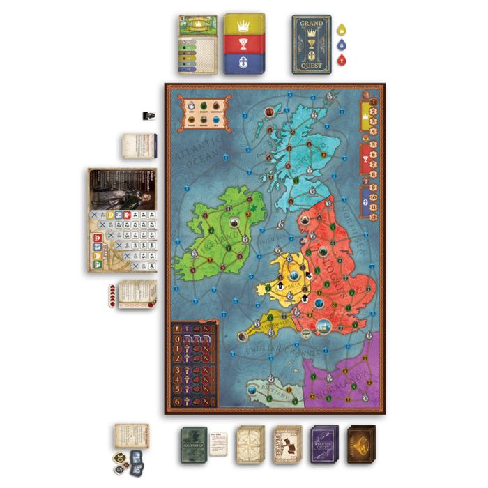 Tales of the Arthurian Knights - Board game setup with a colorful map of Britain divided into five colored regions, surrounded by cards, tokens, and player.