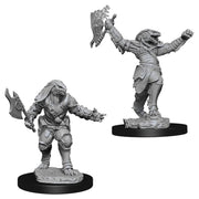 D&D Nolzur's Marvelous Minis: Female Dragonborn Fighter - Gray unpainted resin miniature of a female Dragonborn fighter wielding an axe and shield in detailed fantasy armor on a.