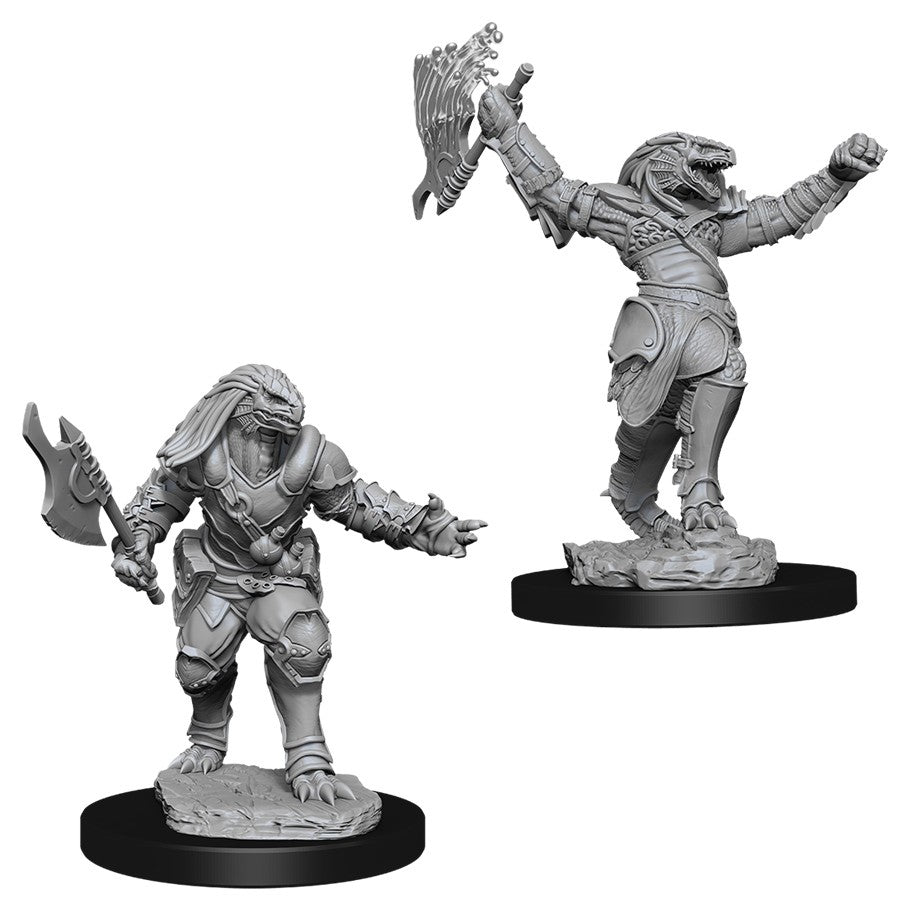 D&D Nolzur's Marvelous Minis: Female Dragonborn Fighter - Gray unpainted resin miniature of a female Dragonborn fighter wielding an axe and shield in detailed fantasy armor on a.
