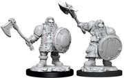 D&D Nolzur's Marvelous Miniatures: Male Dwarf Fighter - Unpainted gray plastic male dwarf fighter miniature holding axe and round shield with detailed armor and beard on round base.