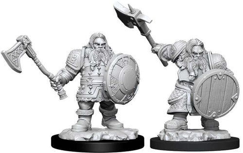D&D Nolzur's Marvelous Miniatures: Male Dwarf Fighter - Unpainted gray plastic male dwarf fighter miniature holding axe and round shield with detailed armor and beard on round base.