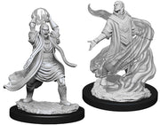 D&D Nolzur's Marvelous Miniatures: Male Elf Sorcerer - Two unpainted grey plastic miniatures of male elf sorcerers, each on round black bases; one holds a glowing orb aloft.