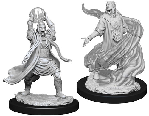 D&D Nolzur's Marvelous Miniatures: Male Elf Sorcerer - Two unpainted grey plastic miniatures of male elf sorcerers, each on round black bases; one holds a glowing orb aloft.