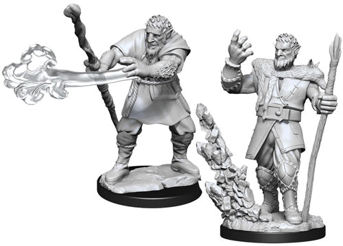 D&D Nolzur's Marvelous Miniatures: Male Firbolg Druid - Two unpainted gray resin fantasy miniatures featuring a male firbolg druid casting a spell with outstretched staff and.