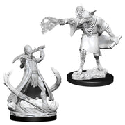 D&D Nolzur's Marvelous Minis: Arcanaloth & Ultroloth - Two unpainted grey resin miniatures from D&D, one humanoid figure with a curved sword and swirling base, the other a winged,