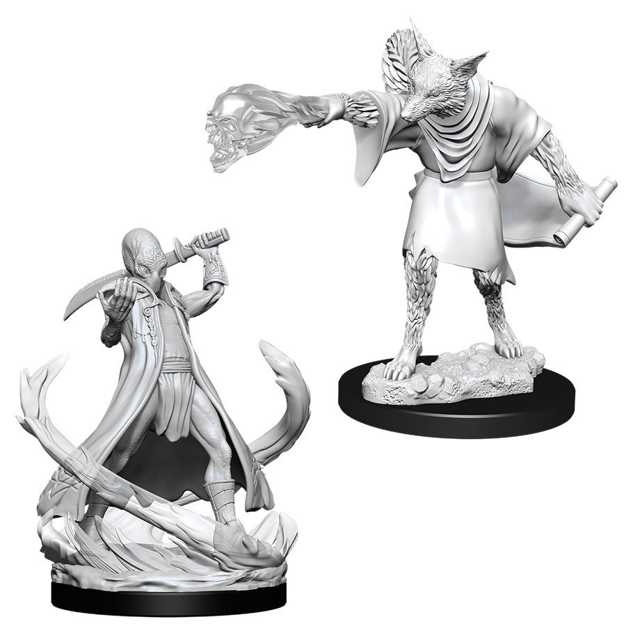 D&D Nolzur's Marvelous Minis: Arcanaloth & Ultroloth - Two unpainted grey resin miniatures from D&D, one humanoid figure with a curved sword and swirling base, the other a winged,