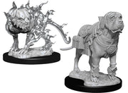 D&D Nolzur's Marvelous Miniatures: Mastif & Shadow Mastif - One a muscular mastiff dog with detailed armor and saddle, the other a shadowy ethereal mastiff surrounded by swirling smoky