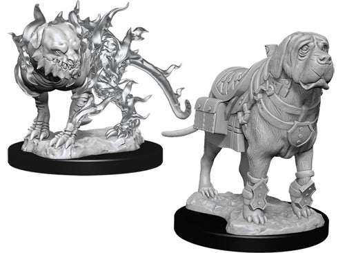 D&D Nolzur's Marvelous Miniatures: Mastif & Shadow Mastif - One a muscular mastiff dog with detailed armor and saddle, the other a shadowy ethereal mastiff surrounded by swirling smoky