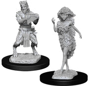 D&D Nolzur's Marvelous Miniatures: Satyr & Dryad - Unpainted gray plastic miniatures of a satyr playing panpipes and a dryad covered in leaf-like scales, both on round black.