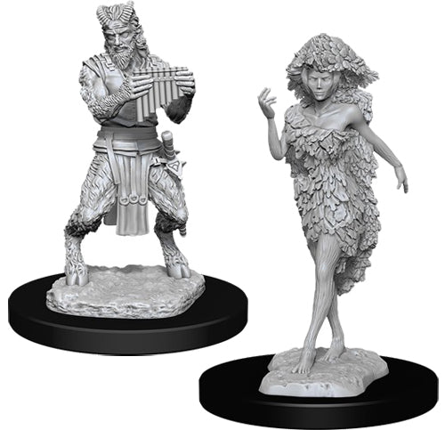 D&D Nolzur's Marvelous Miniatures: Satyr & Dryad - Unpainted gray plastic miniatures of a satyr playing panpipes and a dryad covered in leaf-like scales, both on round black.