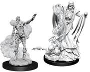 D&D Nolzur's Marvelous Miniatures: Lich & Mummy Lord - Two unpainted gray resin miniatures on black bases, one depicting a robed skeletal lich with flowing robes and a raised arm,