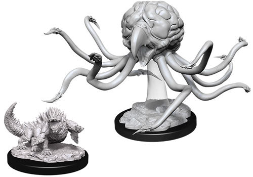D&D Nolzur's Marvelous Miniatures: Grell & Basilisk - One depicts a tentacled brain-like creature with a sword, the other a four-legged reptilian basilisk with horns.