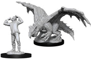 D&D Nolzur's Marvelous Miniatures: Green Dragon Wyrmling & Afflicted Elf - Unpainted detailed gray plastic miniatures of a winged green dragon wyrmling and an afflicted elf captive, both on round.