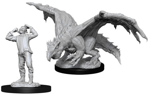 D&D Nolzur's Marvelous Miniatures: Green Dragon Wyrmling & Afflicted Elf - Unpainted detailed gray plastic miniatures of a winged green dragon wyrmling and an afflicted elf captive, both on round.